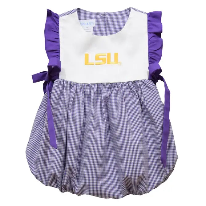 LSU Tigers Embroidered Purple Gingham Girls Romper - 6m