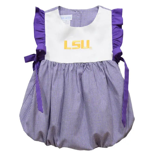 LSU Tigers Embroidered Purple Gingham Girls Romper - 6m