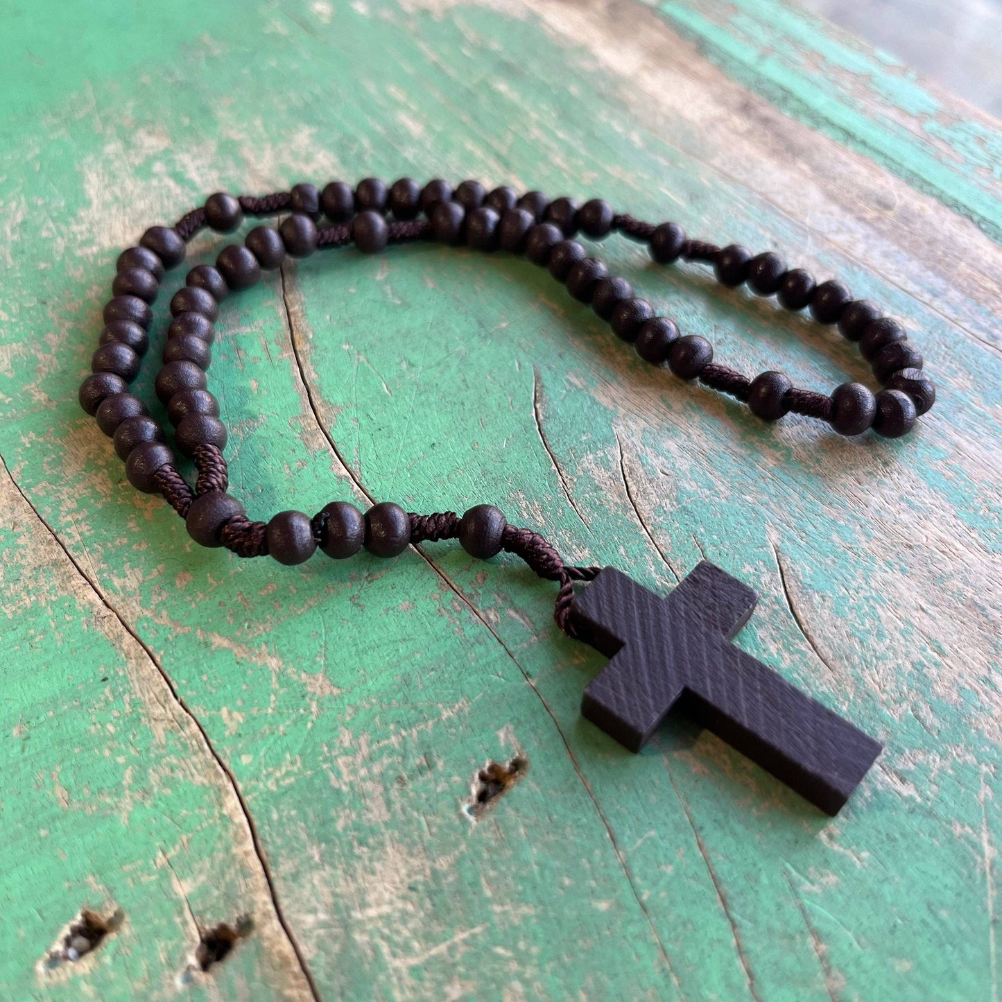 Dark Brown Wood and Cord Small Rosary