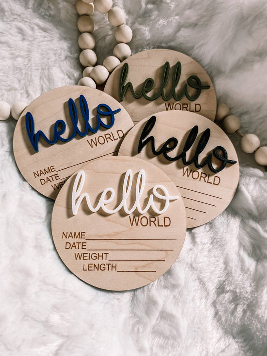 Hello World Birth Stat Announcement Wood Disc - Layered 3D - Ivory