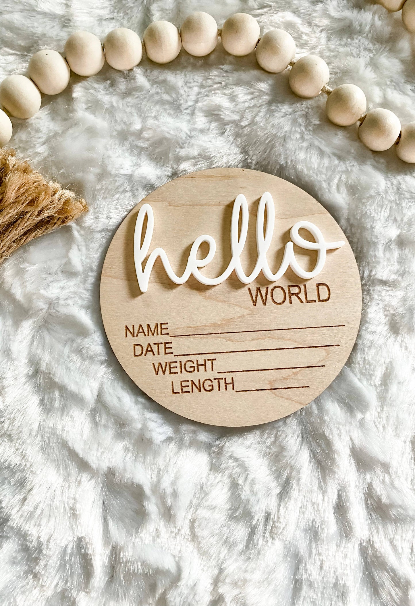 Hello World Birth Stat Announcement Wood Disc - Layered 3D - Ivory