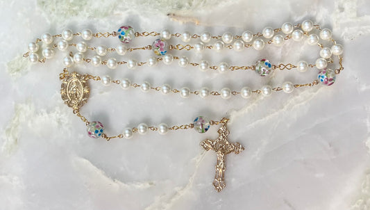 Woman's Pearl Rosary with Floral Beads